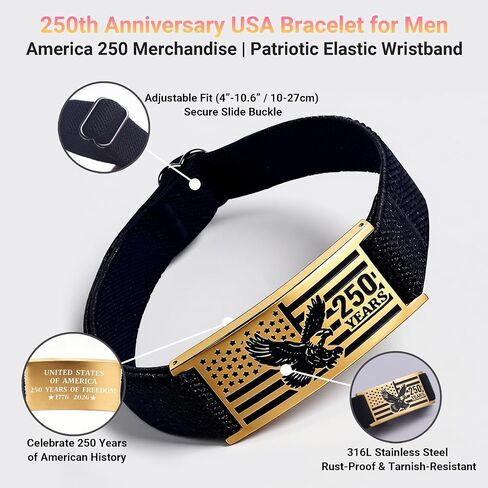 USA 250th Anniversary bracelet - Adjustable Black Nylon Cord with Patriotic Stainless Steel Charm (4.3x2 cm) | America 250 Merchandise & 250th Anniver Gifts for Men and Women in Saudi Arabia