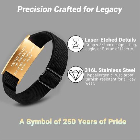 USA 250th Anniversary bracelet - Adjustable Black Nylon Cord with Patriotic Stainless Steel Charm (4.3x2 cm) | America 250 Merchandise & 250th Anniver Gifts for Men and Women in Saudi Arabia