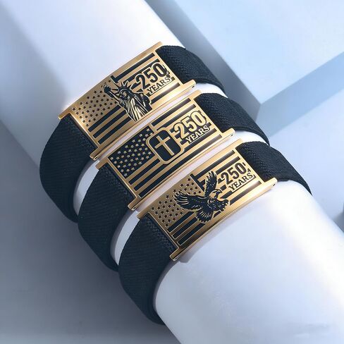 USA 250th Anniversary bracelet - Adjustable Black Nylon Cord with Patriotic Stainless Steel Charm (4.3x2 cm) | America 250 Merchandise & 250th Anniver Gifts for Men and Women in Saudi Arabia
