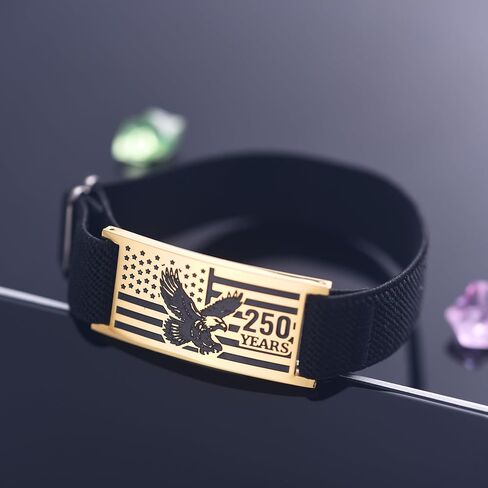 USA 250th Anniversary bracelet - Adjustable Black Nylon Cord with Patriotic Stainless Steel Charm (4.3x2 cm) | America 250 Merchandise & 250th Anniver Gifts for Men and Women in Saudi Arabia