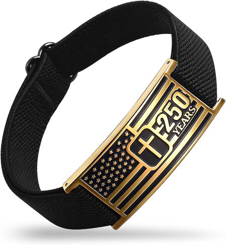 USA 250th Anniversary bracelet - Adjustable Black Nylon Cord with Patriotic Stainless Steel Charm (4.3x2 cm) | America 250 Merchandise & 250th Anniver Gifts for Men and Women in Saudi Arabia