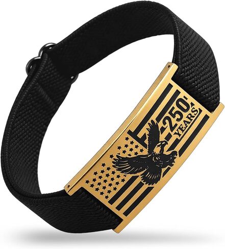 USA 250th Anniversary bracelet - Adjustable Black Nylon Cord with Patriotic Stainless Steel Charm (4.3x2 cm) | America 250 Merchandise & 250th Anniver Gifts for Men and Women in Saudi Arabia