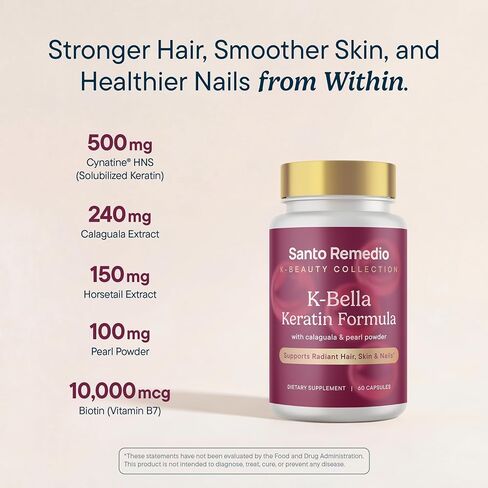 Santo Remedio K-Bella Keratin Formula, Dietary Supplement, Supports Radiant Hair, Skin, and Nails, Made with Cynatine® HNS, Calaguala, Horsetail Extract, Pearl Powder, and Biotin, 30 Servings in Saudi Arabia