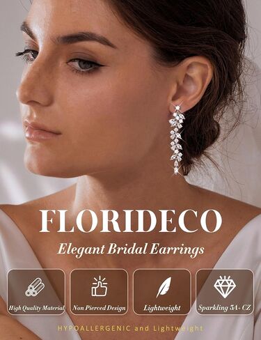 أقراط الزفاف المتدلية المطلية بالفضة من Florideco للنساء أنيقة وخفيفة الوزن ومكعب زركونيا مكعب طويل ومشبك على الأقراط لحفلات الزفاف ومجوهرات الحفلات الراقصة in Kuwait