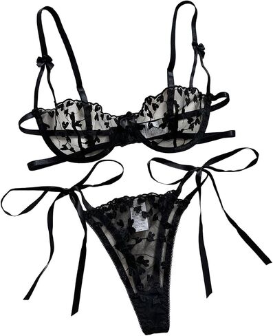 Heart Embroidery Lingerie Set Women's Mesh Unlined Bra Strappy Thong Underwear in Kuwait