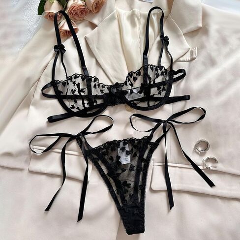 Heart Embroidery Lingerie Set Women's Mesh Unlined Bra Strappy Thong Underwear in Kuwait