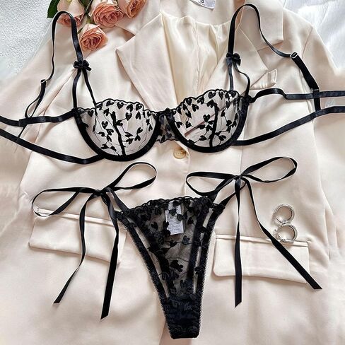 Heart Embroidery Lingerie Set Women's Mesh Unlined Bra Strappy Thong Underwear in Kuwait