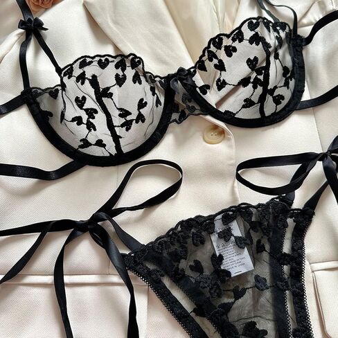 Heart Embroidery Lingerie Set Women's Mesh Unlined Bra Strappy Thong Underwear in Kuwait