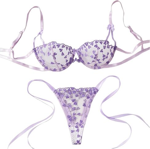 Heart Embroidery Lingerie Set Women's Mesh Unlined Bra Strappy Thong Underwear in Kuwait