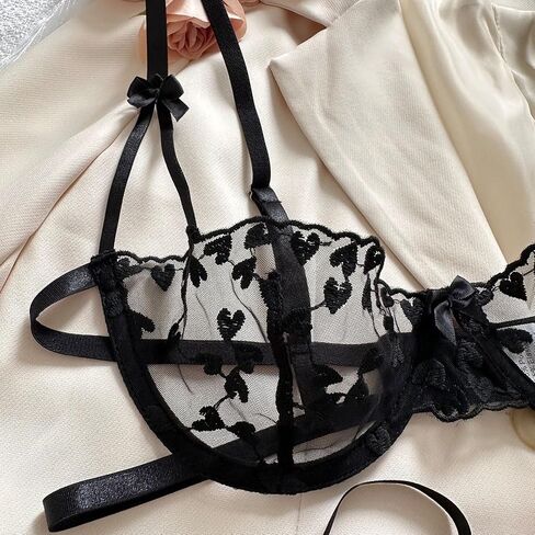 Heart Embroidery Lingerie Set Women's Mesh Unlined Bra Strappy Thong Underwear in Kuwait