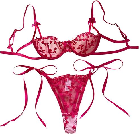 Heart Embroidery Lingerie Set Women's Mesh Unlined Bra Strappy Thong Underwear in Kuwait
