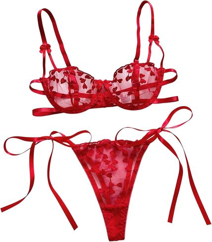 Heart Embroidery Lingerie Set Women's Mesh Unlined Bra Strappy Thong Underwear in Kuwait