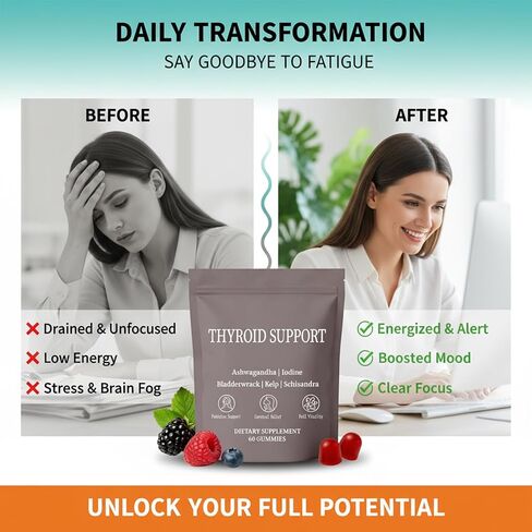 Thyroid Support Power Gummies for Women with Iodine, Selenium, Zinc, L-Tyrosine & Ashwagandha – Metabolism, Energy & Hormone Balance Support – Berry Flavor – 60 Count in Kuwait
