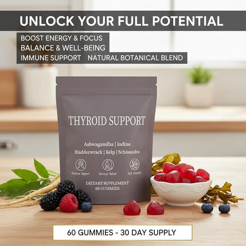 Thyroid Support Power Gummies for Women with Iodine, Selenium, Zinc, L-Tyrosine & Ashwagandha – Metabolism, Energy & Hormone Balance Support – Berry Flavor – 60 Count in Kuwait