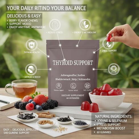 Thyroid Support Power Gummies for Women with Iodine, Selenium, Zinc, L-Tyrosine & Ashwagandha – Metabolism, Energy & Hormone Balance Support – Berry Flavor – 60 Count in Kuwait