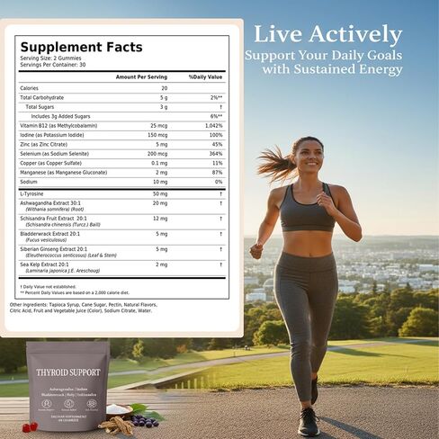 Thyroid Support Power Gummies for Women with Iodine, Selenium, Zinc, L-Tyrosine & Ashwagandha – Metabolism, Energy & Hormone Balance Support – Berry Flavor – 60 Count in Kuwait
