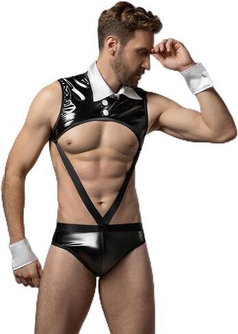 Men's Sexy Butler Costume Set, Faux Leather Open Chest Crop Top with Collar & Cuffs, Wet Look Suspenders Bodysuit Briefs, 3-Piece Gentleman Outfits for Cosplay, Clubwear & Party in Kuwait