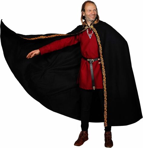 Mythrojan Medieval Hooded Cloak Cape | Cotton & Wool LARP, Renaissance Faire, Cosplay & Reenactment Costume (Woolen Embroidery Black, Large) in Kuwait