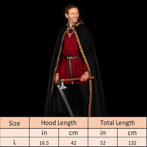 Mythrojan Medieval Hooded Cloak Cape | Cotton & Wool LARP, Renaissance Faire, Cosplay & Reenactment Costume (Woolen Embroidery Black, Large) in Kuwait