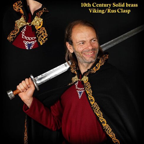 Mythrojan Medieval Hooded Cloak Cape | Cotton & Wool LARP, Renaissance Faire, Cosplay & Reenactment Costume (Woolen Embroidery Black, Large) in Kuwait
