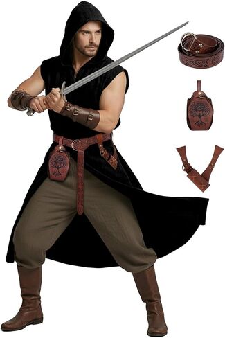 Renaissance Medieval Costume Set for Men - 4PC Viking Hooded Sleeveless Surcoat, Renaissance Fairs Halloween Cosplay Apparel in Saudi Arabia