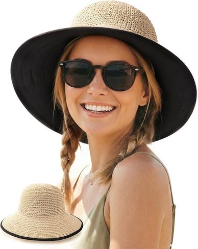 FURTALK Womens Hand-Woven Straw Sun Hat UPF 50+ Packable Summer Wide Brim Beach Linen Lining Bucket Hat with Chin Strap in Kuwait