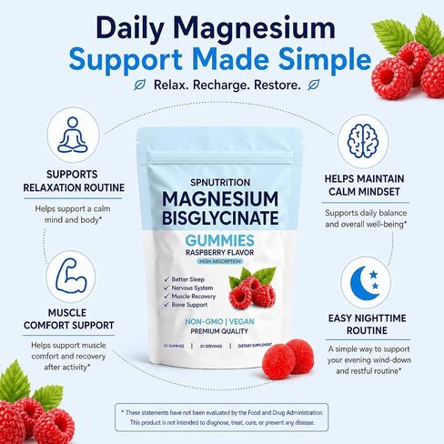 Magnesium Bisglycinate Gummies, with 400mg Magnesium Bisglycinate, Sea Salt & Real Raspberry, for Relaxation, Sleep Support & Relax Muscles, 60 Count in Saudi Arabia