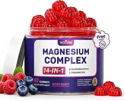 Magnesium Glycinate Gummies, Ashwagandha, Zinc, Vitamin D3, L-Theanine, Sugar Free 14-in-1 Magnesium with Glycinate Citrate, Malate for Sleep Muscle & Immune Support, 60-Day Supply in Saudi Arabia