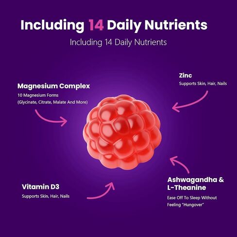 Magnesium Glycinate Gummies, Ashwagandha, Zinc, Vitamin D3, L-Theanine, Sugar Free 14-in-1 Magnesium with Glycinate Citrate, Malate for Sleep Muscle & Immune Support, 60-Day Supply in Saudi Arabia