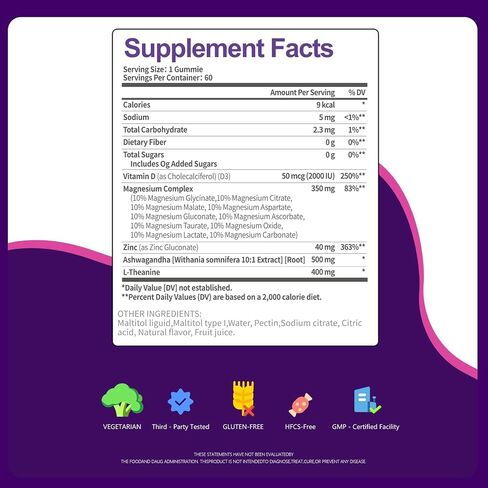 Magnesium Glycinate Gummies, Ashwagandha, Zinc, Vitamin D3, L-Theanine, Sugar Free 14-in-1 Magnesium with Glycinate Citrate, Malate for Sleep Muscle & Immune Support, 60-Day Supply in Saudi Arabia