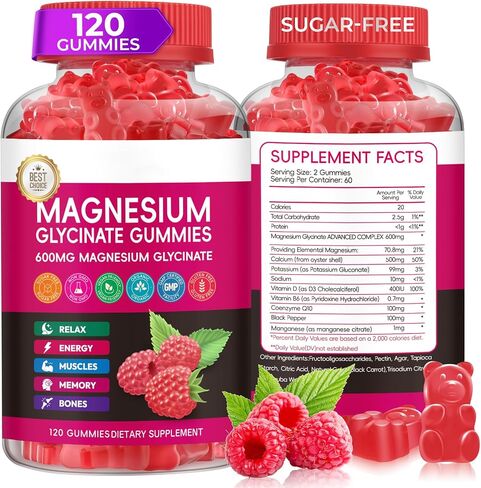 Magnesium Glycinate Gummies 600mg, High Absorption Magnesium Gummies with Calcium, Vitamin B6, D3, Sugar Free Chews for Adults & Kids Relaxation, Stress Relief, Night Rest in Saudi Arabia