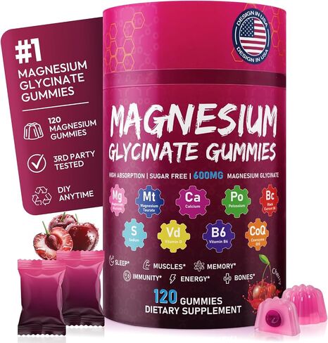 Magnesium Glycinate Gummies 600mg, High Absorption Magnesium Gummies with Calcium, Vitamin B6, D3, Sugar Free Chews for Adults & Kids Relaxation, Stress Relief, Night Rest in Saudi Arabia