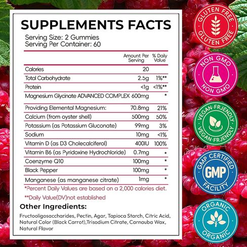 Magnesium Glycinate Gummies 600mg, High Absorption Magnesium Gummies with Calcium, Vitamin B6, D3, Sugar Free Chews for Adults & Kids Relaxation, Stress Relief, Night Rest in Saudi Arabia