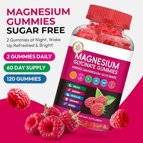 Magnesium Glycinate Gummies 600mg, High Absorption Magnesium Gummies with Calcium, Vitamin B6, D3, Sugar Free Chews for Adults & Kids Relaxation, Stress Relief, Night Rest in Saudi Arabia