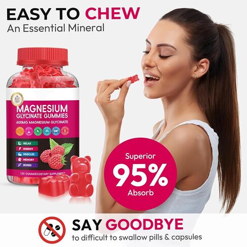 Magnesium Glycinate Gummies 600mg, High Absorption Magnesium Gummies with Calcium, Vitamin B6, D3, Sugar Free Chews for Adults & Kids Relaxation, Stress Relief, Night Rest in Saudi Arabia