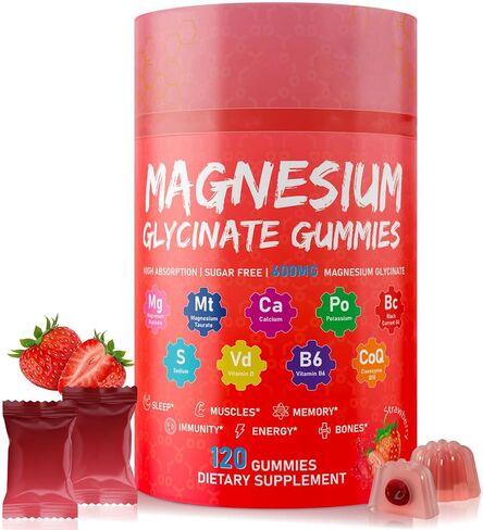 Magnesium Glycinate Gummies 600mg, High Absorption Magnesium Gummies with Calcium, Vitamin B6, D3, Sugar Free Chews for Adults & Kids Relaxation, Stress Relief, Night Rest in Saudi Arabia