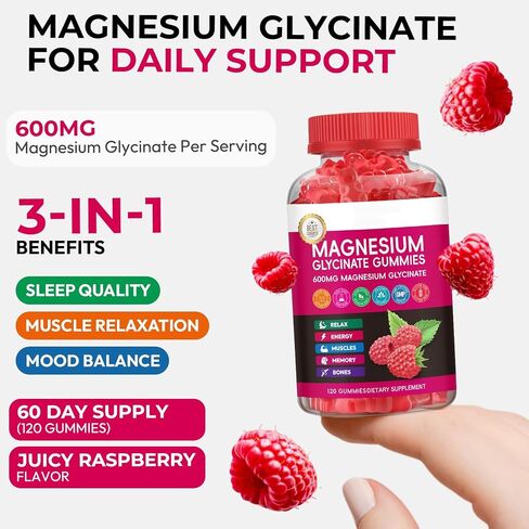 Magnesium Glycinate Gummies 600mg, High Absorption Magnesium Gummies with Calcium, Vitamin B6, D3, Sugar Free Chews for Adults & Kids Relaxation, Stress Relief, Night Rest in Saudi Arabia