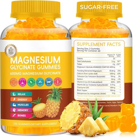 Magnesium Glycinate Gummies 600mg, High Absorption Magnesium Gummies with Calcium, Vitamin B6, D3, Sugar Free Chews for Adults & Kids Relaxation, Stress Relief, Night Rest in Saudi Arabia
