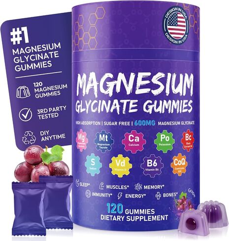 Magnesium Glycinate Gummies 600mg, High Absorption Magnesium Gummies with Calcium, Vitamin B6, D3, Sugar Free Chews for Adults & Kids Relaxation, Stress Relief, Night Rest in Saudi Arabia