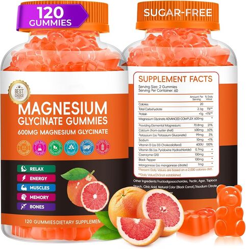 Magnesium Glycinate Gummies 600mg, High Absorption Magnesium Gummies with Calcium, Vitamin B6, D3, Sugar Free Chews for Adults & Kids Relaxation, Stress Relief, Night Rest in Saudi Arabia