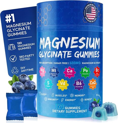 Magnesium Glycinate Gummies 600mg, High Absorption Magnesium Gummies with Calcium, Vitamin B6, D3, Sugar Free Chews for Adults & Kids Relaxation, Stress Relief, Night Rest in Saudi Arabia