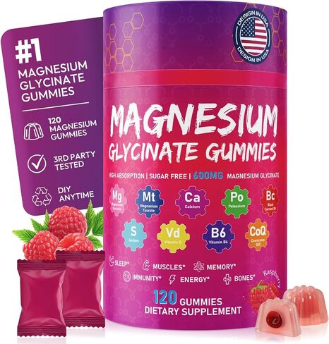 Magnesium Glycinate Gummies 600mg, High Absorption Magnesium Gummies with Calcium, Vitamin B6, D3, Sugar Free Chews for Adults & Kids Relaxation, Stress Relief, Night Rest in Saudi Arabia