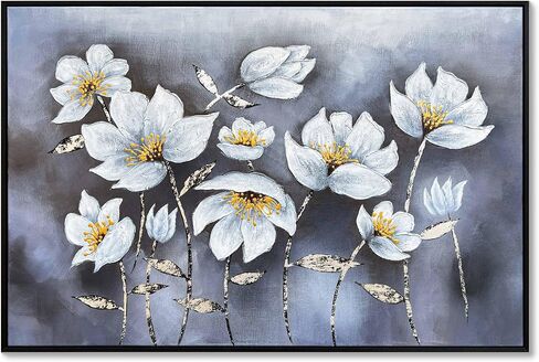 Eonzeun Hand Painted Textured White Floral Oil Painting, 24x36 Inch Wood Framed Canvas Wall Art, Modern Luxury Home Decor for Living Room Bedroom in Saudi Arabia