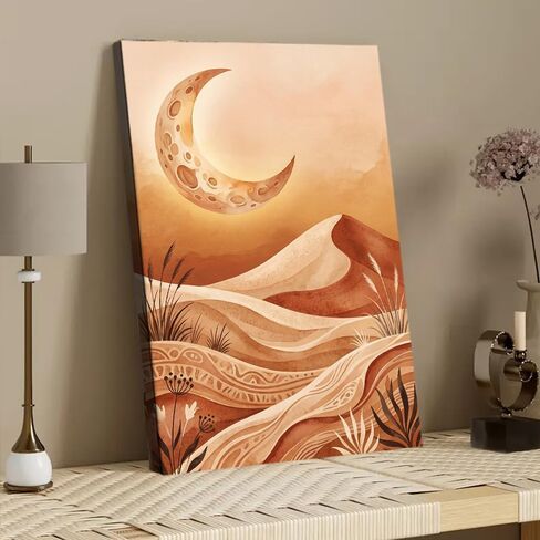 Canvas Wall Art Watercolor Boho Crescent Moon Desert Dune Print Poster for Living Room Bedroom Nursery Decor (Framed,12" L x 18" W) in Saudi Arabia