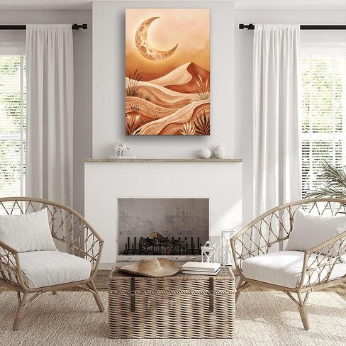 Canvas Wall Art Watercolor Boho Crescent Moon Desert Dune Print Poster for Living Room Bedroom Nursery Decor (Framed,12" L x 18" W) in Saudi Arabia