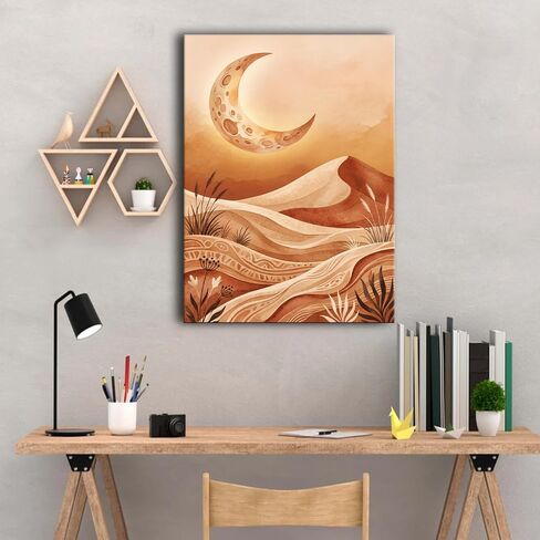 Canvas Wall Art Watercolor Boho Crescent Moon Desert Dune Print Poster for Living Room Bedroom Nursery Decor (Framed,12" L x 18" W) in Saudi Arabia
