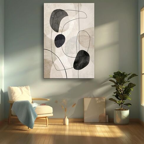 Canvas Print Neutral Beige Black Line Shape Abstract Wall Art Poster for Living Room Bedroom Office Decor (Framed,16" L x 24" W) in Saudi Arabia