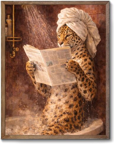 XOCUUI Unframed Wall Art,Funny Leopard in Shower Wall Art,Cheetah Reading Newspaper Wall Decor Picture,Vintage Style Animal Poster,Whimsical Bathroom Artwork - 8" X 10" in Saudi Arabia