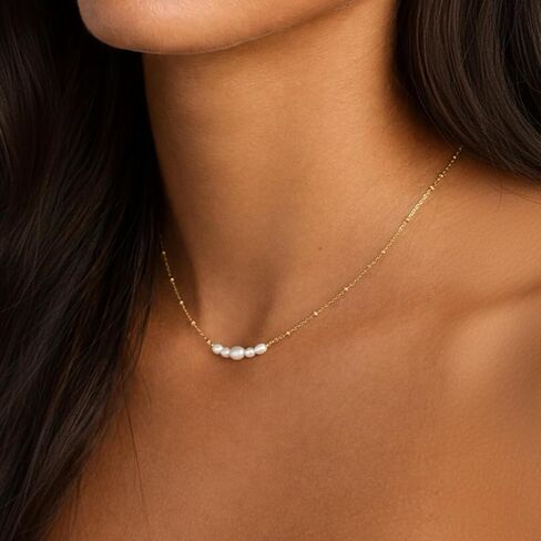 Zannah 18K Gold Plated Dainty Pearl Necklace for Women - Rich Yellow Gold Minimalist Freshwater Pearl Pendant Necklace with Sparkling Beaded Chain Elegant Tiny Gold Jewelry Gifts Idea (16.5" + 2.3" Extender) in Saudi Arabia