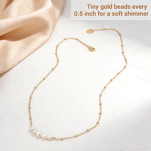 Zannah 18K Gold Plated Dainty Pearl Necklace for Women - Rich Yellow Gold Minimalist Freshwater Pearl Pendant Necklace with Sparkling Beaded Chain Elegant Tiny Gold Jewelry Gifts Idea (16.5" + 2.3" Extender) in Saudi Arabia